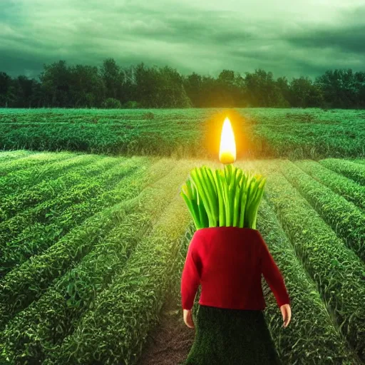 Prompt: a big giant made of vegetables standing in a field holding a green candle above his head, photo realistic, realistic lighting s