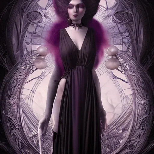 Prompt: by tom bagshaw, photorealistic body shot of absurdities and mushrooms, very beautiful curvy full gothic long dress princess, ultra deep fog, purple black lustrous thin haircut, glass spheres, reflections and refractions, symmetry accurate features, focus, very intricate ultrafine details, award winning masterpiece