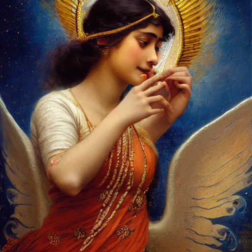 Image similar to detailed portrait of hindu traditional girl with wings high - tech vr headset in baroque painting, girl graceful, eyes closed, painting by gaston bussiere, craig mullins, j. c. leyendecker, lights, art by ernst haeckel, john william godward, hammershøi,,