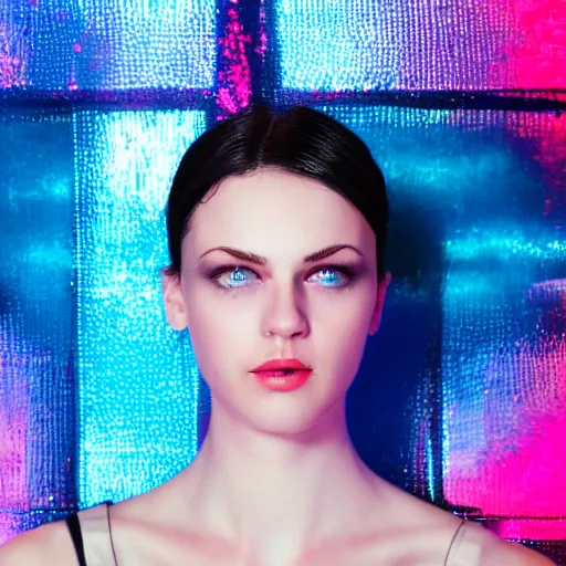 Prompt: hyperdetailed photo of a serious woman with light blue eyes, very short dark hair, in a cybercity, in front of iridescent background behind, wearing sideboob top, classic, photo 3 5 mm leica, hyperdetail, 8 k, very detailed, fine face