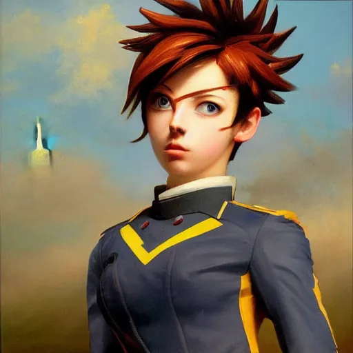 Image similar to oil painting of tracer overwatch in a field wearing spiked collar uniform, in style of ivan aivazovsky, expressive face, detailed face, detailed eyes, full body, feminine face, tracer overwatch,