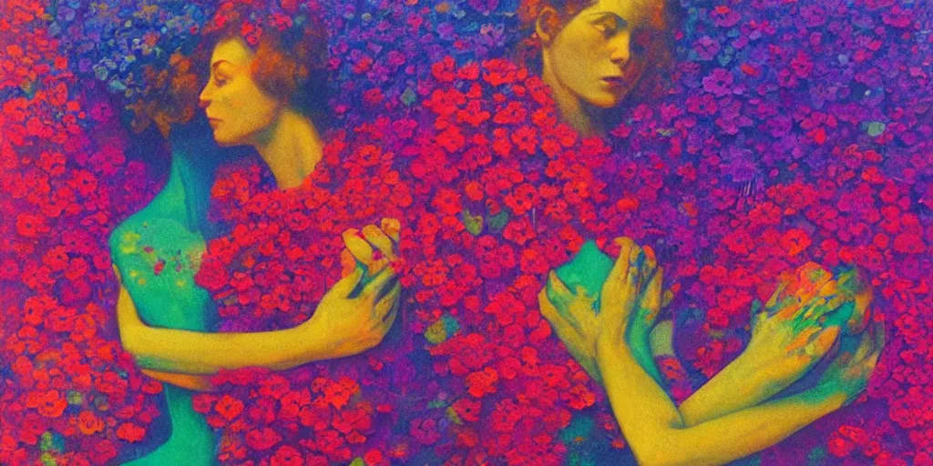 Image similar to portrait of women hugging made of colorful rainbow fractal flowers hugging Edward Hopper and James Gilleard, Zdzislaw Beksinski, highly detailed