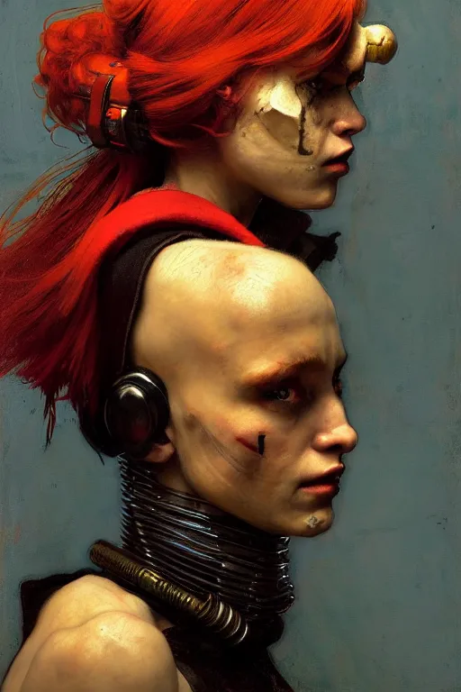 Prompt: full character portrait max mad cyberpunk warhammer 4 0 k, medic sapper not the girl with the pearl earring character design, painting by gaston bussiere, katsuya terada, nc wyeth, greg rutkowski, craig mullins, vermeer, frank frazetta, mucha, tom of finland, trending on artstation, jeffery catherine jones, by norman rockwell