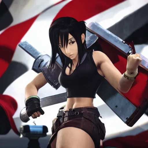 Image similar to Tifa Lockhart from Final Fantasy VII Remake looking at the Italian flag and chuckling to herself