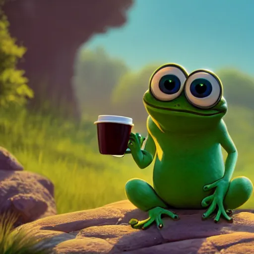 Image similar to a wholesome animation key shot of small pepe the frog holding a cup of coffee on a hill, medium shot, studio ghibli, pixar and disney animation, sharp, rendered in unreal engine 5, anime key art by greg rutkowski, bloom, dramatic lighting