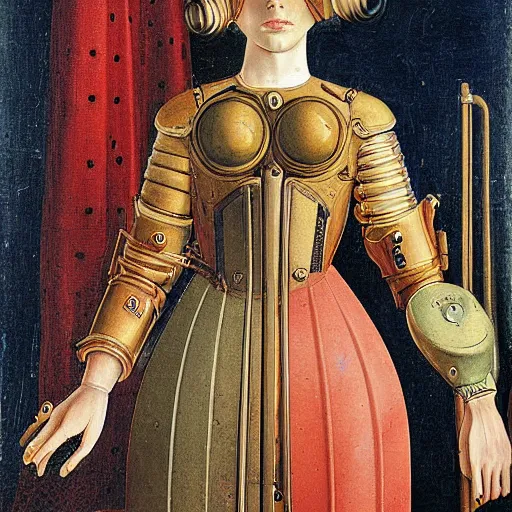 Prompt: portrait of steampunk female android, by fra angelico and sandro botticelli