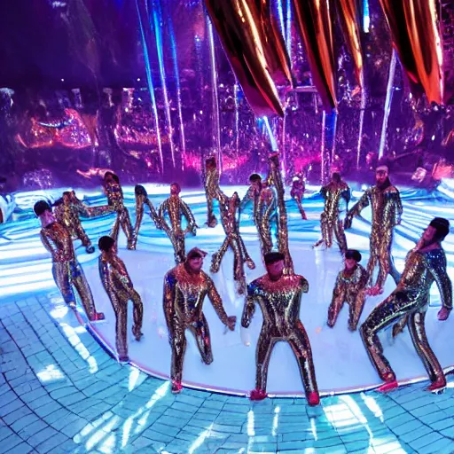 Prompt: photo, a giant massive group of men wearing full body shiny reflective latex suits including pants and shirts and boots and masks, performing an incredibly acrobatic wild dance inside a gigantic pool filled with colorful shimmering oil