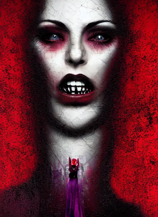 Image similar to dark design poster, realistic, portrait of a vampire woman in a long red dress, black background with very subtle red and purple design elements, powerful, nekro, vito acconci, thin straight lines, dark, glitch art, neo vaporwave, gritty, layout frame, square, extremly detailed, trending on artstation