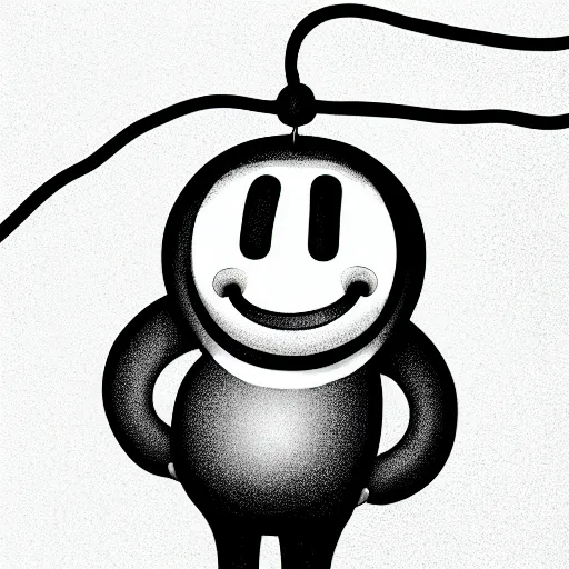 Image similar to book illustration of a balloon character holding a floating human by a string, book illustration, monochromatic, white background, black and white image