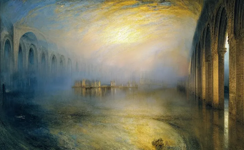 Image similar to tiled room squared waterway, aqueducts, fantasy. intricate. by artstation trending, by joseph mallord william turner, luis royo, konstantin razumov, cinematic lighting, fractal flame, highly detailed