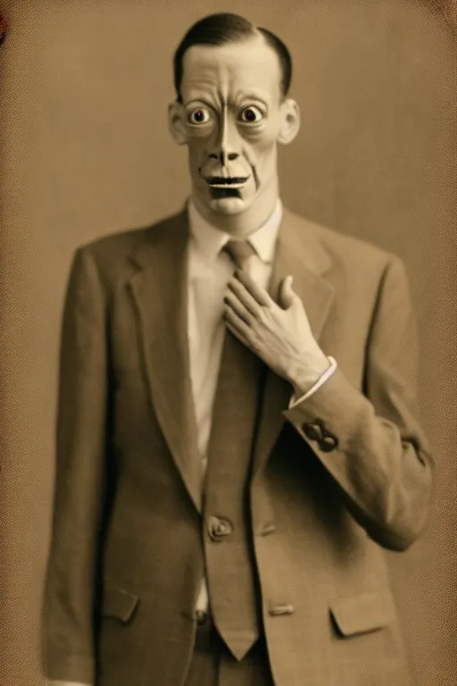 Image similar to anthropomorphic praying mantis, wearing a suit, vintage photograph, sepia