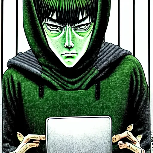 Image similar to portrait of programmer with green hood by junji ito