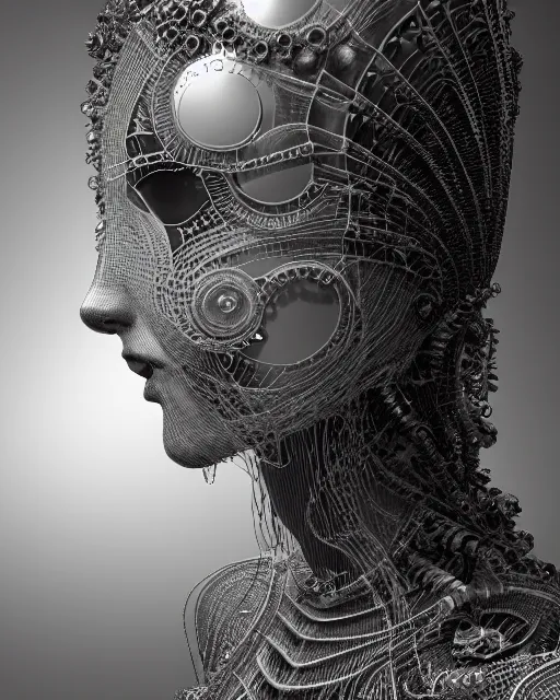 Image similar to mythical dreamy black and white organic bio-mechanical spinal ribbed profile face portrait detail of translucent steampunk beautiful female angelic-human-queen-vegetal-cyborg, highly detailed, intricate crystal jelly ornate, poetic, 3D render, digital art, octane render, 8K artistic photography, photo-realistic, by Dora Maar