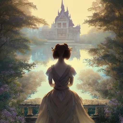 Image similar to emma watson as a beautiful young girl in intricate clothing by ross tran, walking in a castle, lake painted by sana takeda, rtx reflections, very high intricate details, painting, digital anime art, medium shot, mid - shot, composition by ilya kuvshinov, lighting by greg rutkowski