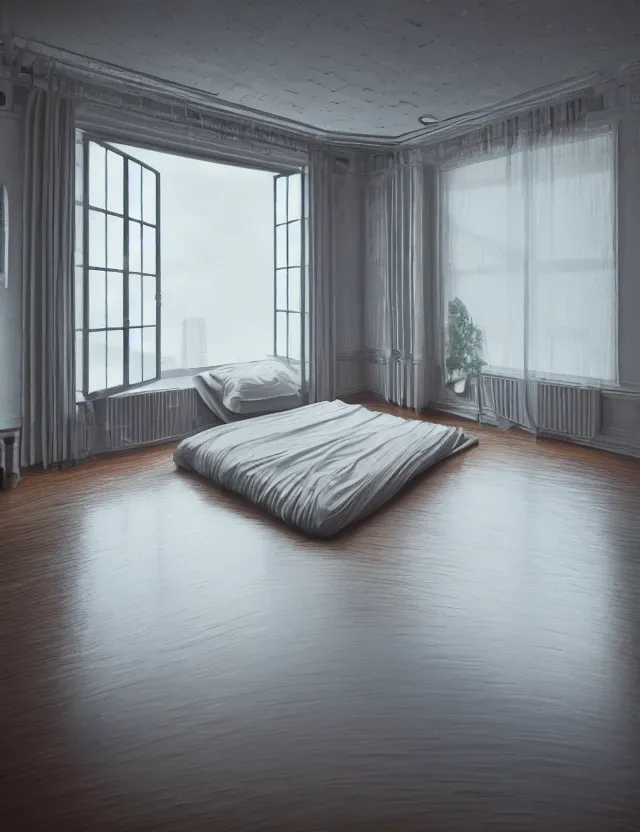 Image similar to an ultra wide angle photo of a bed hovering above the floor in the middle of a giant bedroom with windows opening to other worlds by casey weldon and lee madgewick, photorealistic, octane render, recursive!!!!, flowing!!!!, cascading, multiverse!!!!, labyrinthine!!!!