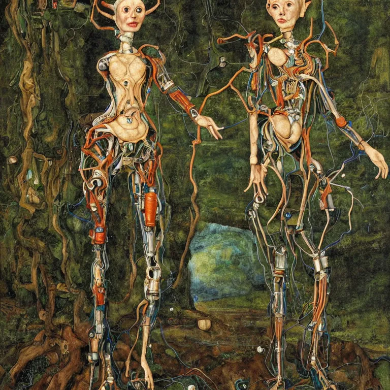 Image similar to a healthy grinning dryad lady, who looks like a cybernetic alien stands pround in the middle of a river valley. around her are tropical birds and orchids. painted by jan van eyck, egon schiele and max ernst, trending on artstation, 8 k, award winning, high octane