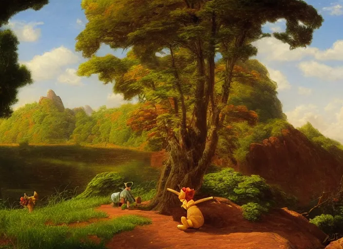 Image similar to american realist romanticism landscape painting of winnie the pooh characters in the style of hudson river school and thomas cole and albert bierstadt and robert duncanson