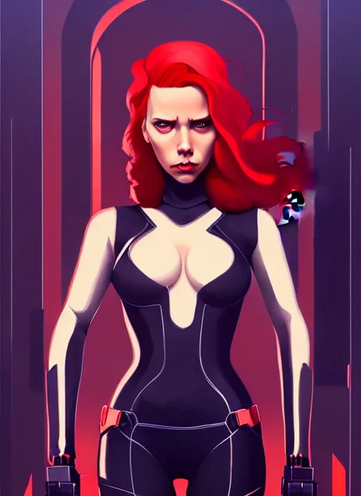 Image similar to peter mohrbacher, phil noto, artgerm, pretty scarlett johansson black widow, symmetrical eyes, long red hair, full body, city rooftop