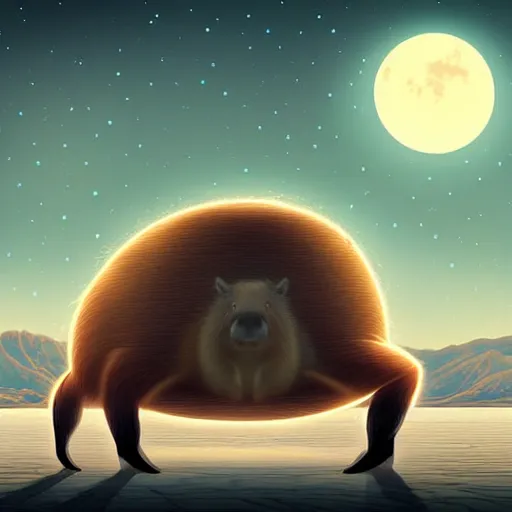 Prompt: beautiful digital fantasy illustration of a Birth Machine, Capybara pirate, keeping vigil over the salt flats, lights in the night, highly detailed, soft lighting, rendered in octane, masterpiece, very very very aesthetic, exquisite marble details