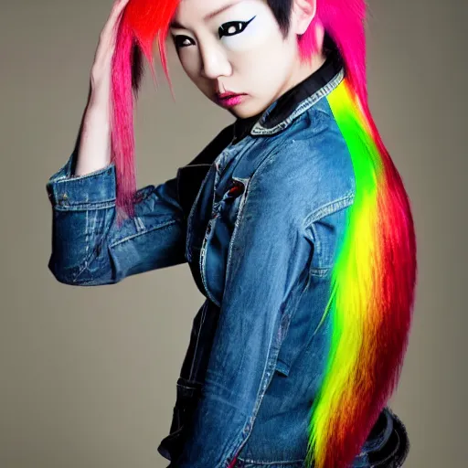 Image similar to Beautiful Japanese punk rock model with rainbow mowhawk hair, Studio portrait,