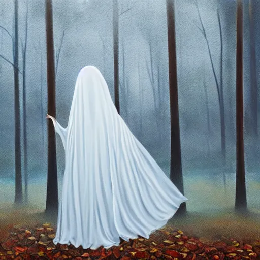 Image similar to ominous bedsheet ghost floating in a dark autumn forest, oil painting, brush strokes, gloomy foggy atmosphere, symmetrical, full body image, highly ornate intricate details,