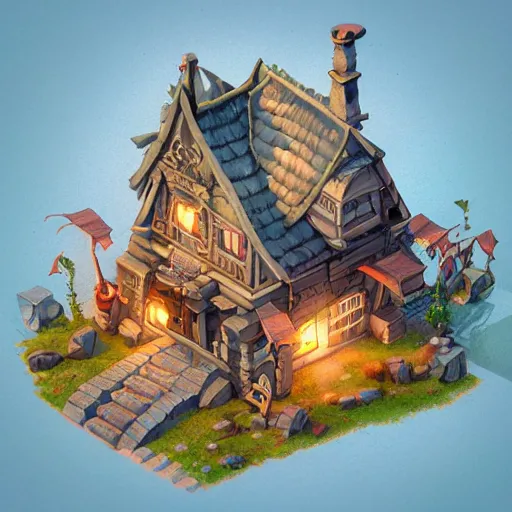 Prompt: isometric 3 d fantasy cute building, smoth 3 d illustration, cinematic matte painting, soft render, servando lupini, handpaint texture, blender, 3 dcoat