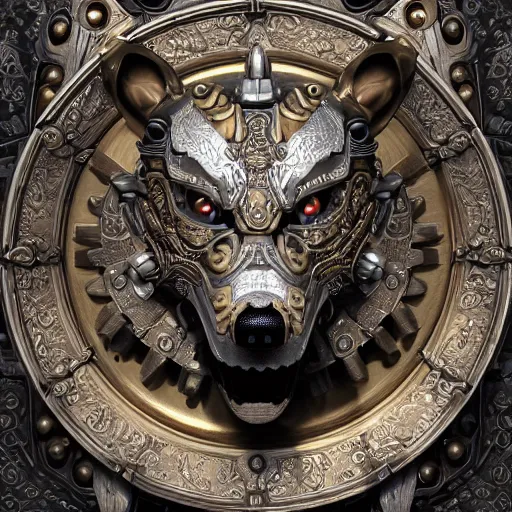 Image similar to A steampunk ornate wolf made of engraved full plate armor and gears, Macro shot by Justin Gerard, unreal engine, physically based rendering