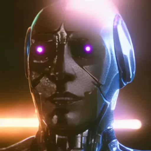 Image similar to movie still of cyborg with glowing third eye, cinematic composition, cinematic light, criterion collection, by tobe hopper