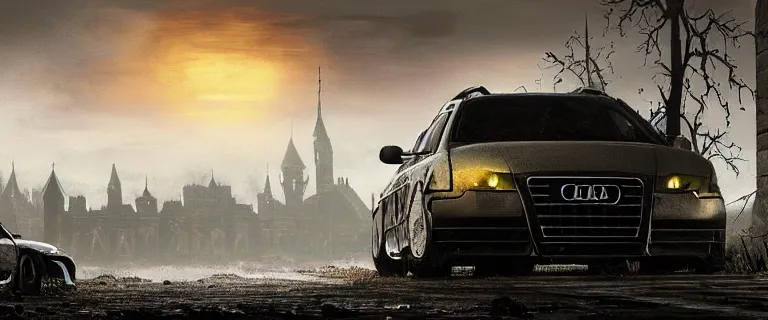 Prompt: Armored Audi A4 B6 Avant Technical (2002), Dark Souls 3, a grim fantasy, Anor Londo, dramatic lighting, cinematic, establishing shot, extremely high detail, photorealistic, cinematic lighting, artstation, by simon stalenhag