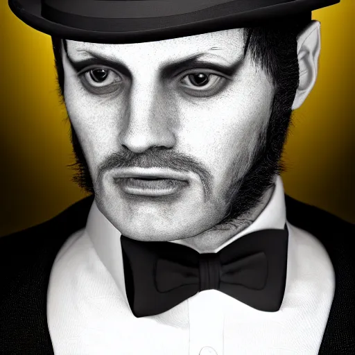 Image similar to a highly detailed portrait of a man in a high top hat covering his face, in a black tailcoat with a yellow waistcoat under the tailcoat, artstation, deviantart, professional, unreal engine 5, photorealistic