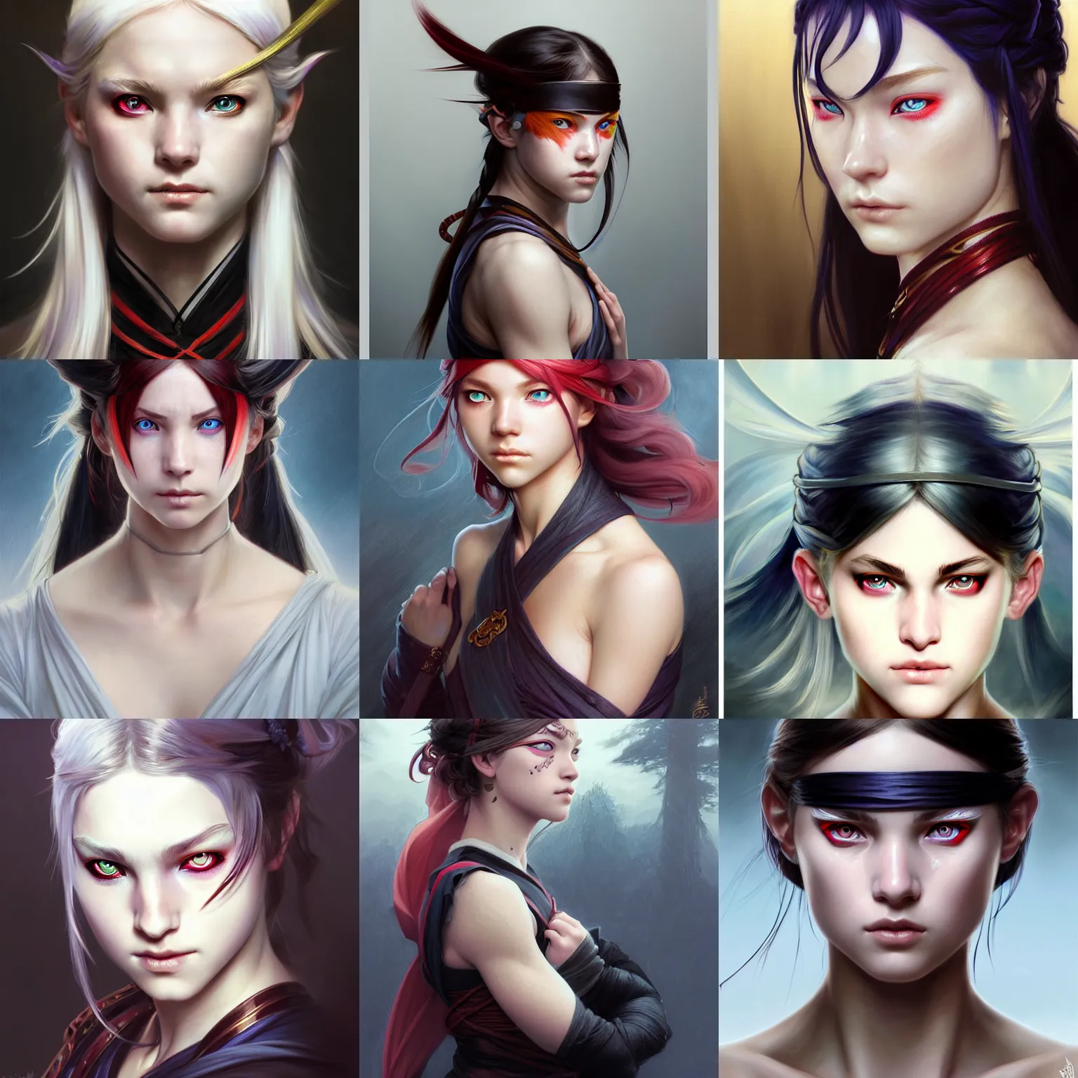 Prompt: portrait of the young ninja girl with heterochromia, d & d, left eye is blue and right eye is red, blond hair, face, dark fantasy, intricate, elegant, highly detailed, digital painting, artstation, concept art, smooth, sharp focus, illustration, art by artgerm and greg rutkowski and alphonse mucha