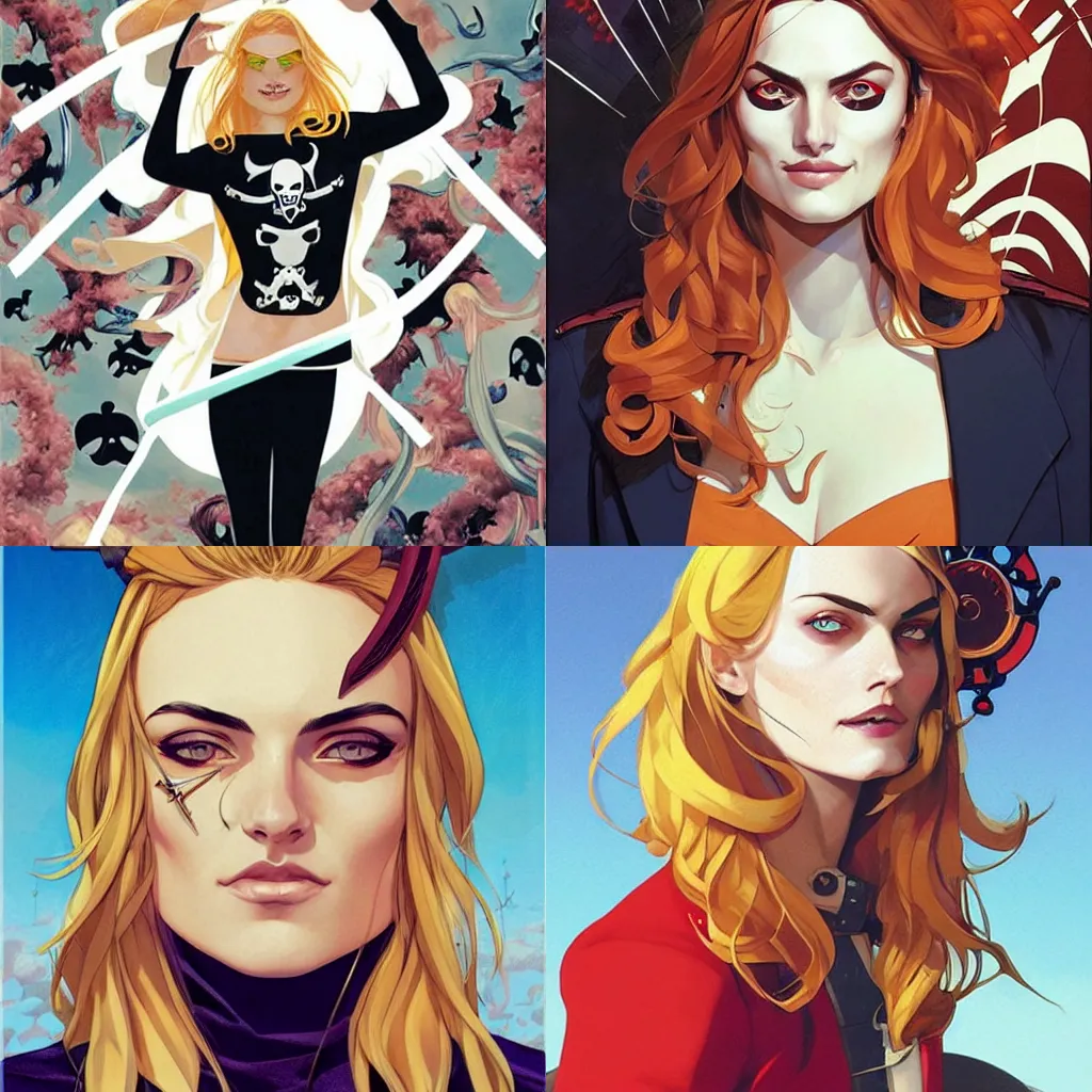 Image similar to Joshua Middleton comic art, pretty female Phoebe Tonkin, pirate, eye patch over left eye, evil smile, symmetrical face, symmetrical eyes, pirate clothing, long wavy blonde hair, full body:: sunny weather::