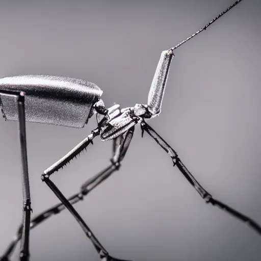 Image similar to Macro photography of a silver robot mantis in the wild, 88m Sigma f/1.4, dramatic lighting