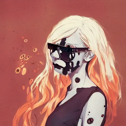 Image similar to Highly detailed portrait of a punk zombie young lady with freckles and shades and blonde wavy hair by Atey Ghailan, by Loish, by Bryan Lee O'Malley, by Cliff Chiang, by Goro Fujita, by Greg Tocchini, inspired by ((image comics)), inspired by nier:automata, inspired by graphic novel cover art !!!cyan, brown, black, yellow and white color scheme ((grafitti tag brick wall background))