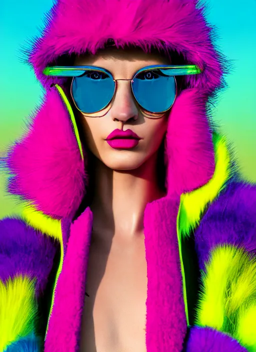 Prompt: stylish coat for a rave, bright colors, many details, prints, photo for a magazine, photo for a store, fashion photography, Vogue, 135 mm, cinematic, hyper realism, high detail, octane render, 8k, chrome accents, very coherent symmetrical artwork, perfect face model, full length photo, Upper and lower body, light skin tone, closed mouth
