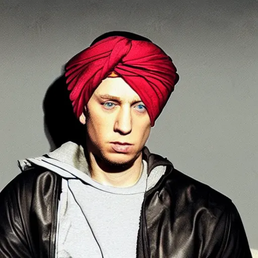 Prompt: eminem as a middle eastern man wearing a turban, yoji shinkawa