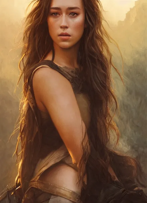 Prompt: alycia debnam - carey, beautiful highly detailed face, complementary lighting, backlit, black eyeshadow, grinning, adventure, dramatic lighting, landscape background, beautiful painting by artgerm and greg rutkowski and raymond swanland