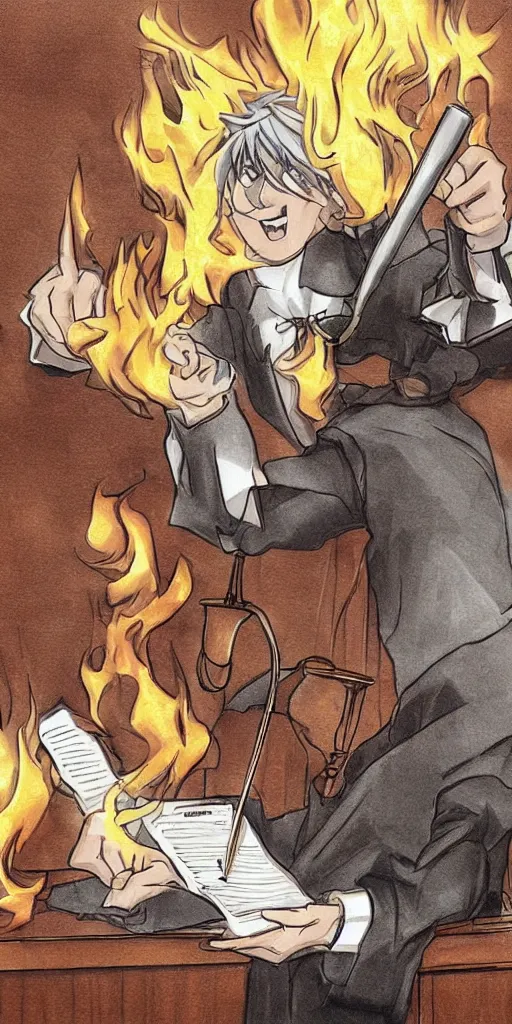 Prompt: powerful anime judge with a magic gavel on fire, in a court room with a scale on his desk, drawn by a famous anime artist, high quality, fine lines, amazing detail. colored