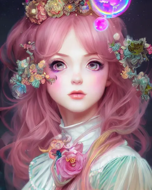 Image similar to portrait of magical lolita girl, dreamy and ethereal, expressive pose, big pink eyes, exciting expression, fantasy, intricate, elegant, many rainbow bubbles, rose tones, highly detailed, anime, artstation, concept art, cyberpunk wearing, smooth, sharp focus, illustration, art by artgerm and greg rutkowskiand alphonse mucha