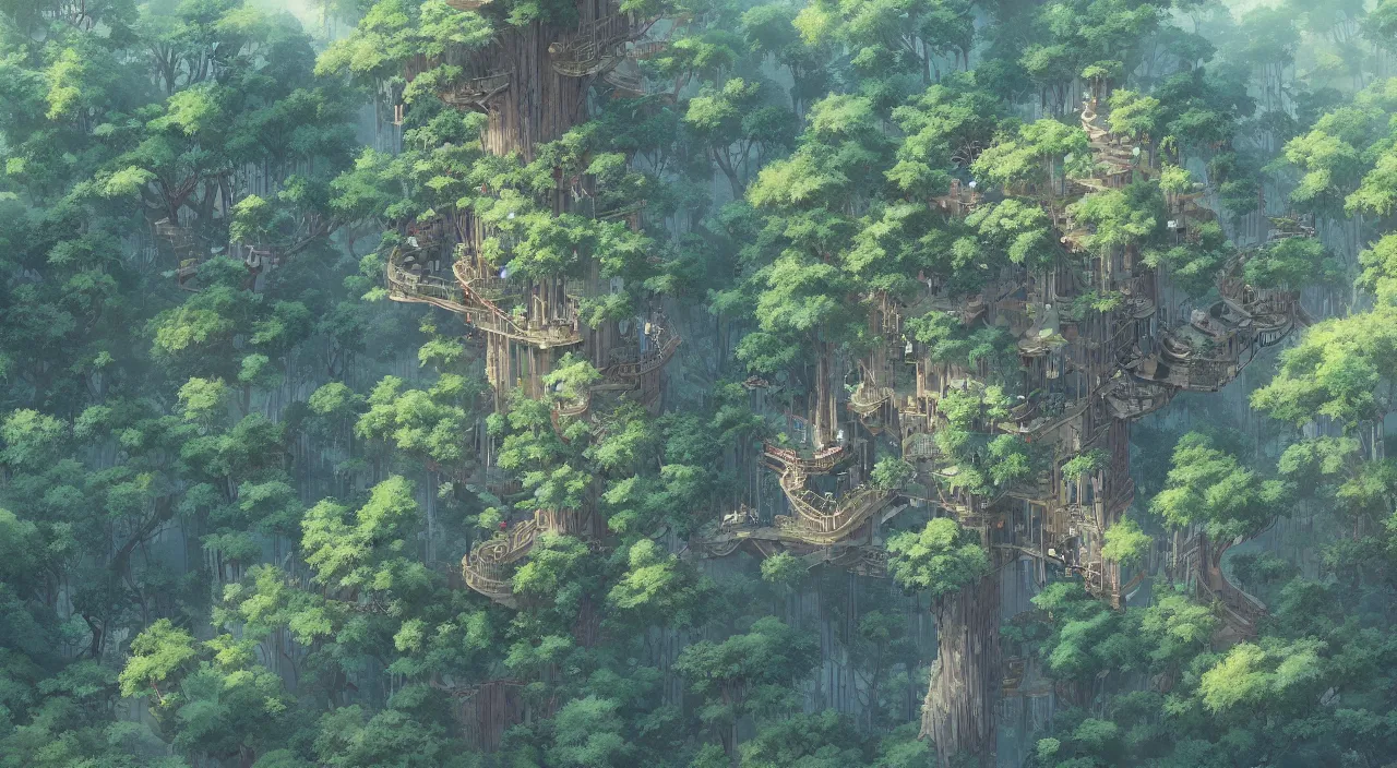 Prompt: aerial view of treetop canopy, intricate, detailed, by studio ghibli and greg rutkowski,