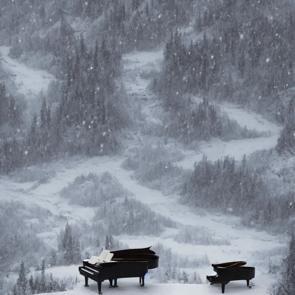 Prompt: a surreal dreamlike scene of a piano in the middle of a snowy gorge, somber melancholic matte painting, highly detailed oil painting, liminal space, 8k, stillness, solitude, icy cold pale silent atmosphere, masterpiece