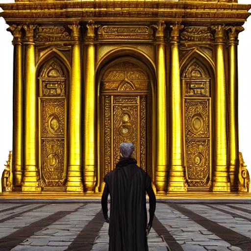 Image similar to a man staring a holy city in front of this golden gates, epic setting, symmetric face, hyperrealism, epic fantasy digital art, fantasy style art, by Greg Rutkowski, fantasy magic the gathering card art style