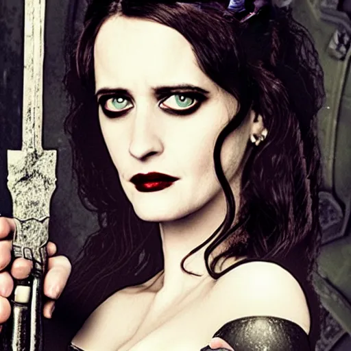 Prompt: photo of full shot photo of eva green as a vampire warrior with weapons