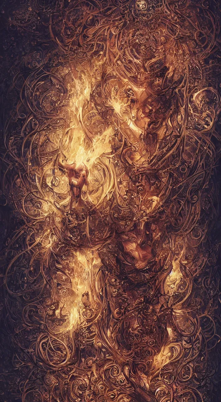 Image similar to full body concept art of human made with fire sparks by Marc Simonetti + beautiful eyes, beautiful face + symmetry face, symmetry body + border and embellishments inspiried by occult insignia, fractals in the background, galaxy + baroque, gothic, surreal + highly detailed, intricate complexity, epic composition, magical atmosphere + masterpiece, award winning + trending on artstation