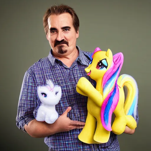 Image similar to fat mike lindell holding a my little pony plushy. commercial photography