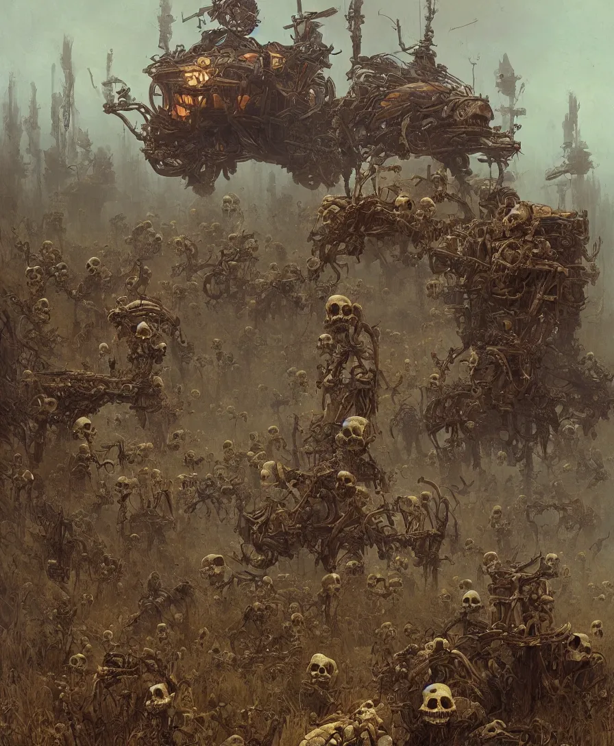 Image similar to Pick Up Behind You, skulls and bones, illustrated by Simon Stålenhag and Gaston Bussiere, intricate, ultra detailed, photorealistic, trending on artstation