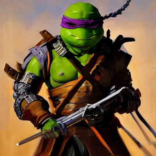 Image similar to greg manchess portrait painting of armored donatello of tmnt as overwatch character, medium shot, asymmetrical, profile picture, organic painting, sunny day, matte painting, bold shapes, hard edges, street art, trending on artstation, by huang guangjian and gil elvgren and sachin teng