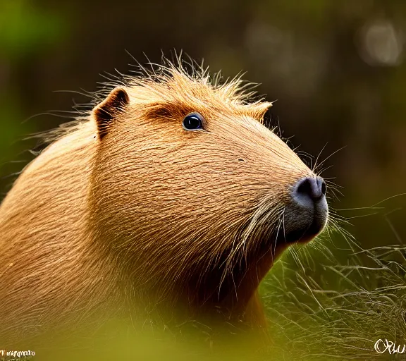 Image similar to a portrait of capybara with a mushroom cap growing on its head by luis royo. intricate. lifelike. soft light. sony a 7 r iv 5 5 mm. cinematic post - processing