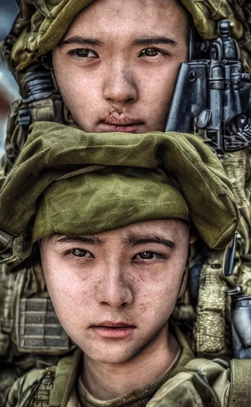 Image similar to portrait photo, highly detailed, high resolution, war photo, stunning, bokeh soft, 100mm, by ufotable anime studio, trending on instagram, by professional photographer, realistic human anatomy, real human faces, realistic military carrier, soldier clothing, modern warfare, realistic guns, low saturation