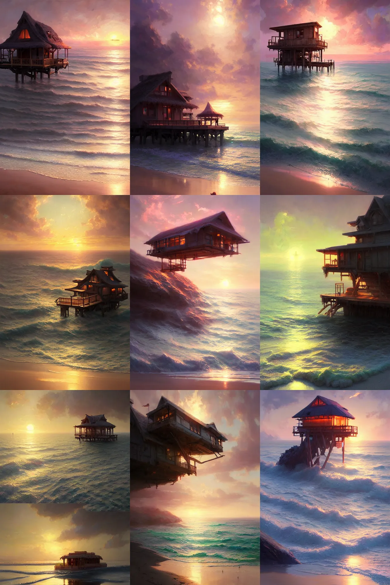 Prompt: magical floating beach house at sunset, highly detailed, lens flare, bloom, fantasy, digital painting, concept art, matte, art by ruan jia and wlop and greg rutkowski and makoto shinkai, masterpiece